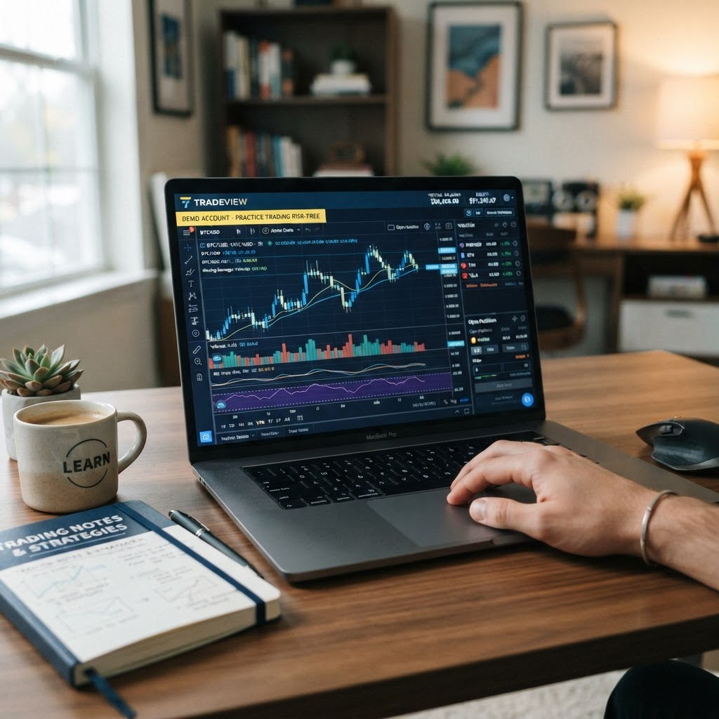A demo trading account on a laptop showing virtual balance and practice charts