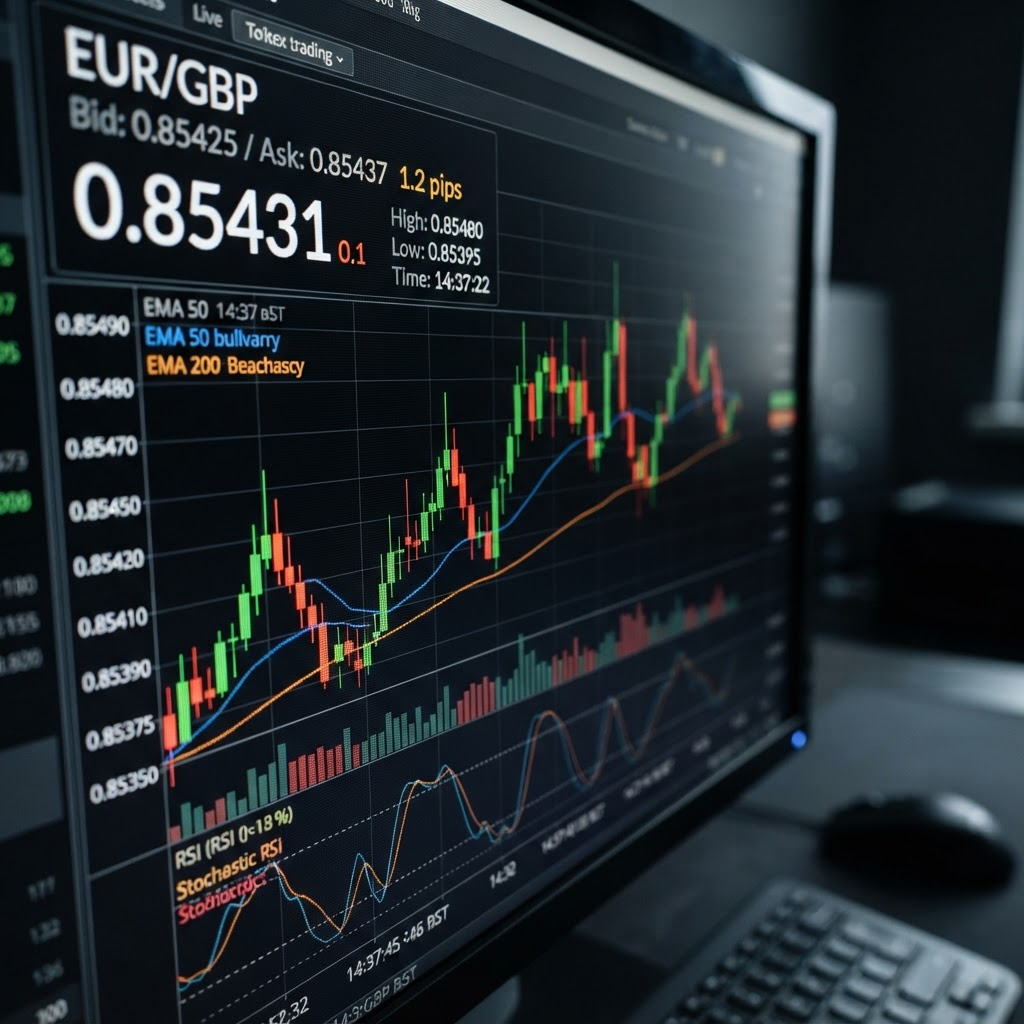 Forex trading platform showing a GBP currency pair chart with buy and sell buttons