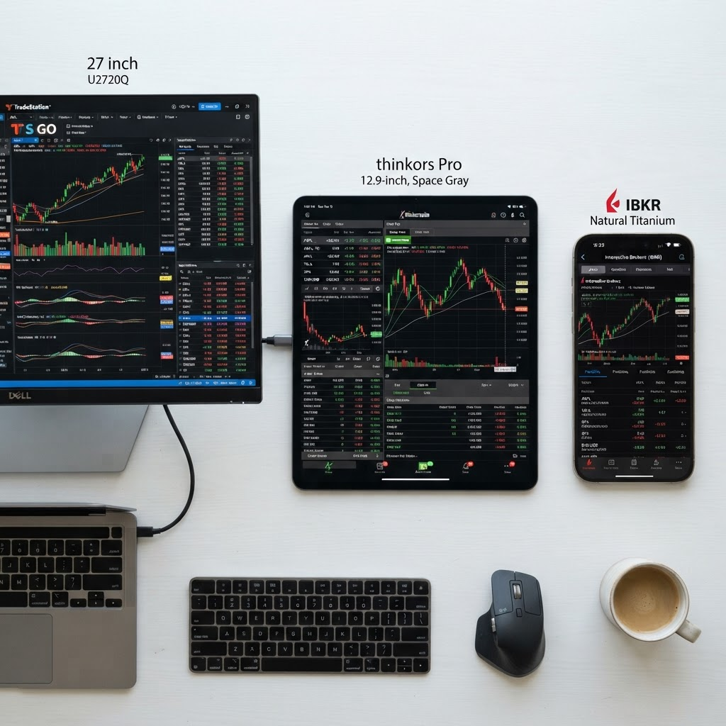 Trader using an online trading platform across a laptop, tablet and phone
